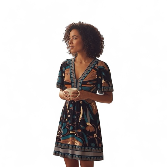 BCBGMAXAZRIA DRESS |XS Multi-Print Tie-Back Flutter Sleeve Dress - Picture 1 of 9